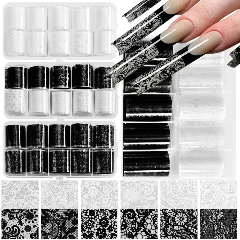 Lace Nail Transfer Foil Set — Black &amp; White, 10 Rolls