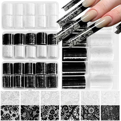 Lace Nail Transfer Foil Set — Black &amp; White, 10 Rolls