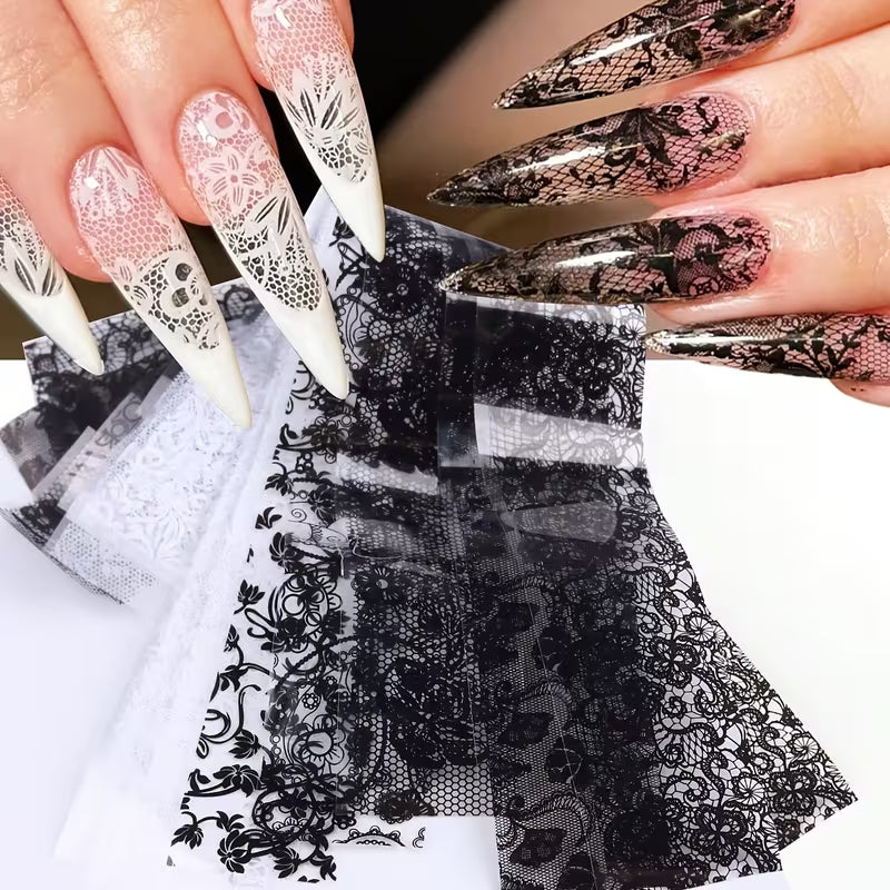 Lace Nail Transfer Foil Set — Black &amp; White, 10 Rolls