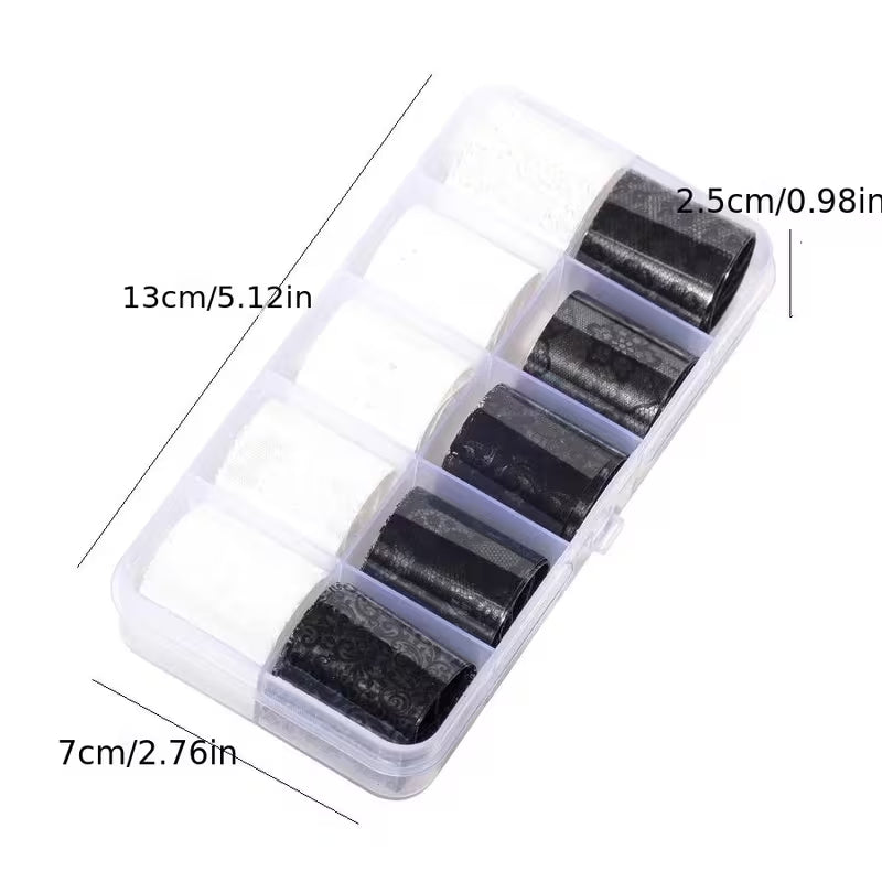 Lace Nail Transfer Foil Set — Black &amp; White, 10 Rolls