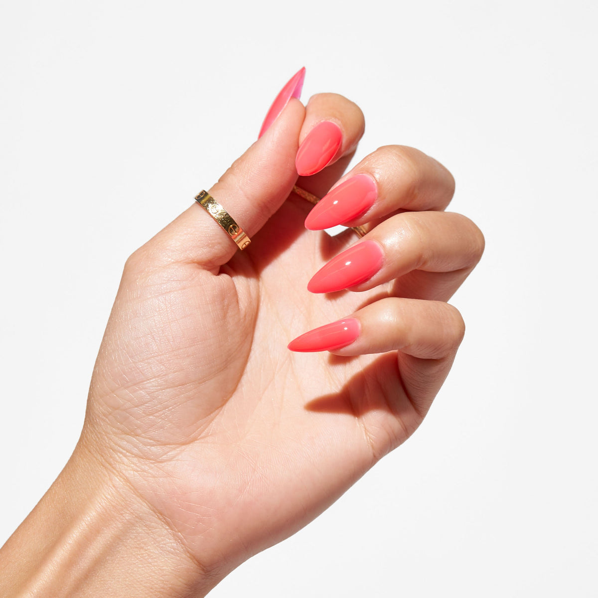 Notpolish Solo Gel SO347 Main Character neon coral pink gel polish shown on nails
