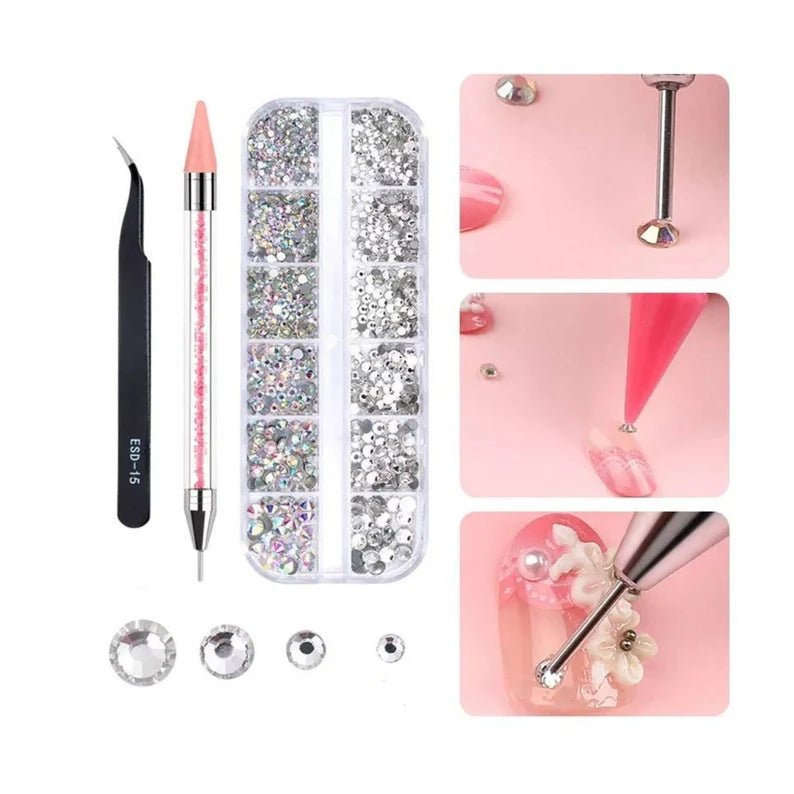 Clear Crystal Rhinestones with Rhinestone Picker Dotting Pen and Elbow Tweezer (1500 PCS, 6 Sizes) - EMOI SUPPLY